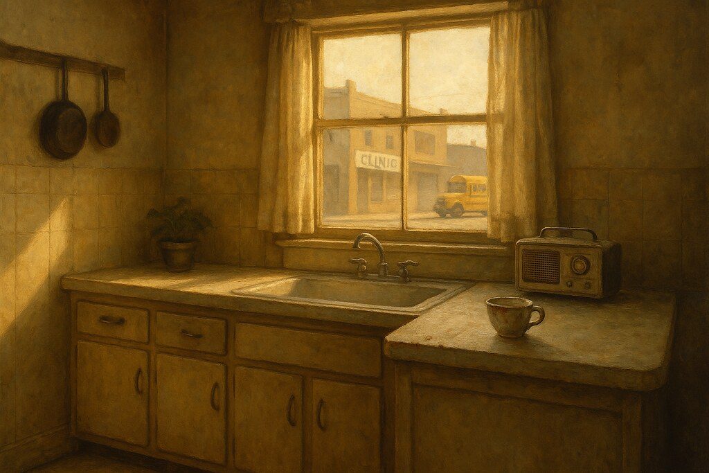 Warm sunlit kitchen with a window, cabinets, a small radio and a cup on the counter